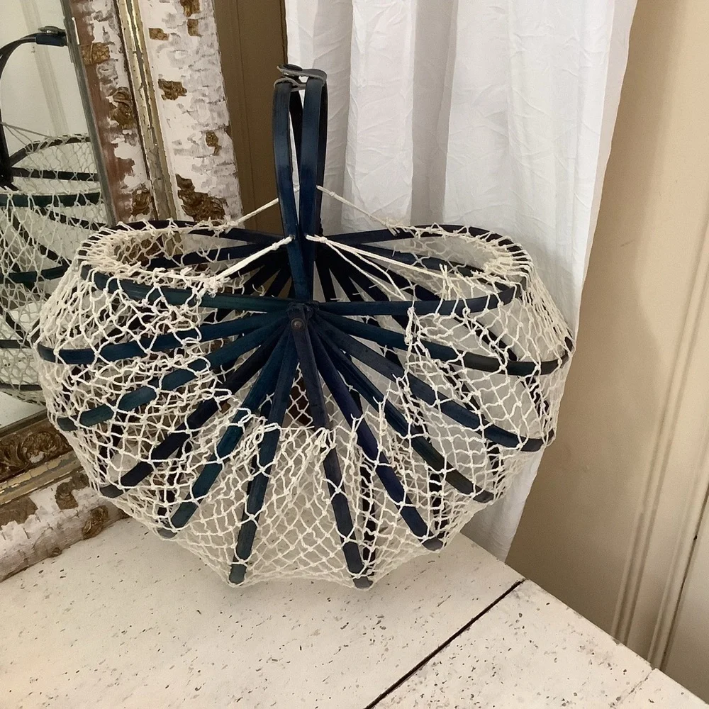 Vintage Japanese Foldable Collapsible Market Egg Basket Navy White Wood Purse